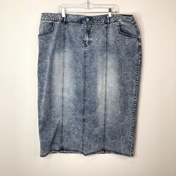 EST 1946 Denim Skirt 24W Stretch Midi Long W46 L36 Modest Blue Jean Back Slit - Picture 1 of 16